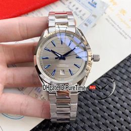 New Aqua Terra 150M Miyota 8215 Automatic Mens Watch Gray Textured Dial Blue Hands Steel Bracelet 220 10 41 21 06 001 Puretime E26258I