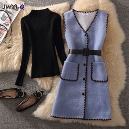 Mink Fleece Korean Mid length Vest Set 2 Piece Outfit Black Knitwear And Vintage Single Breasted Belted Sweater Waistcoat 231221