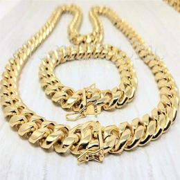 14mm Mens Miami Cuban Link Bracelet & Chain SET 14k Gold Plated Stainless Steel259I