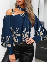 Women's Blouses Fashion Style Wear Amazon Single Strap Metal Buckle Off-the-Shoulder Print Long Sleeve Shirt
