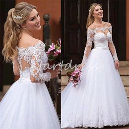 U-Boot-Ausschnitt, weißes Hochzeitskleid 2024, Illusion, lange Ärmel, Spitze, Boho-Brautkleid, Tüll, Landhausstil, Strand-Brautkleid, Vestidos De Novia, bedeckter Rücken, Mariage