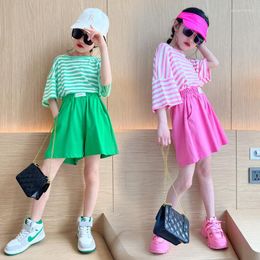 Clothing Sets 8 13 Years Girl's Summer Suit Striped Short-sleeved T-shirt Shorts Two-piece Set Fashion Children
