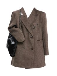 Winter Women Old Money Vintage Maillard Woollen Coat Blazer Jacket Classical Turn-down Collar French Fashion Outwear Oversize 231221