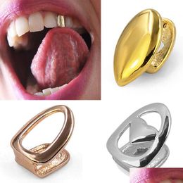 Grillz, Dental Grills 18K Real Gold Hollow Single Teeth Grillz Braces Punk Hiphop Dental Mouth Fang Grills Tooth Cap Cosplay Costume H Dhtfh