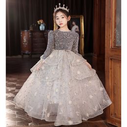 2024 Shiny Flower Girl Dresses For Wedding Lace Applique Sequined Kids Birthday Party Puffy Long Train Princess Little Girl's Pageant Gown Toddler Formal Dress