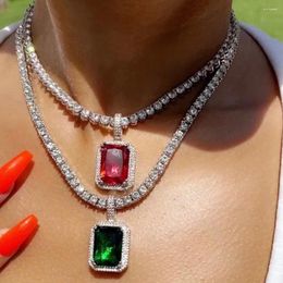 Pendant Necklaces Luxury Big Square Green Crystal Necklace For Women Men Hip Hop Rhinestone Tennis Bling Statement Jewellery