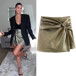 TRAF Golden Short Skirts For Woman Fashion Knotted Skort Women Elegant Asymmetric Hem Shorts Female Sexy Aesthetic Skirt 231220