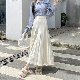 Skirts Knitted Pleated Skirt Women Autumn Winter Casual Solid Thick Warm A Line High Waist Long Female Preppy Party T689