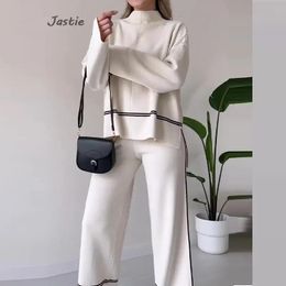 Half High Neck Sweater Wide Leg Pant Sets Knitting Trouser Women Winter Set Line Collision Colour Fashion Knit Pullover Suit 231220