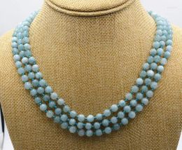 Chains Natural 6 Mm 3 Rows Aquamarine Beads Gemstone Necklace 17-19 "