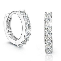 whole 2017 Silver Plated Hoop Huggie Earrings For Women White Crystal Zirconia Small Round Circle Creole Hoop Earing Wedding J255Z