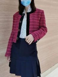 Women's Jackets Women Tweed Set O-Neck Long Sleeve Single Breasted Colour Contrast Coat Or High Waist A-Line Mini Skirt