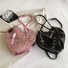 Y2K Vintage Korean Small Chain Shoulder Bag Heart Shaped Purse Handbags Pink PU Leather Gothic Tote Bags Ladies Crossbody 231220