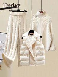 Winter Warm 3 Piece Set s Outfits Office Ladies Turtleneck Knitted Sweater Woollen Parkas Vest wide Leg Knitting Pants 231220