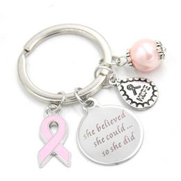 New Arrival Stainless Steel Key Ring Keychains Breast Cancer Awareness Pink Ribbon Keychain Keyring Gifts for Women Jewelry226K