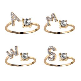 A-Z Letter Gold Color Metal Adjustable Opening Couple Rings Initials Name Alphabet Female Creative Finger Trendy Party Jewelry288c