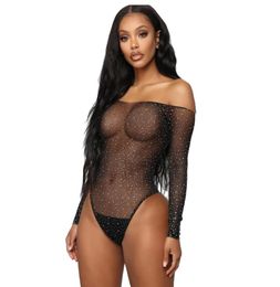 Sexy Costumes Lingerie Rhine Deep V Neck Fishnet Teddy Bodysuit Women Crystal Sequined See Through Sheer Bodycon One Piece Mesh Bodystockings4437320