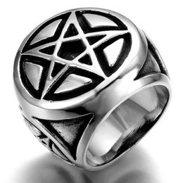 Cluster Rings Men's Silver Colour Pentacle Pentagram Star Stainless Steel Biker Ring2622