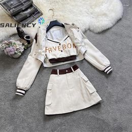 Work Dresses Spring Autumn Colour Collision Long-sleeved Baseball Uniform Short Jacket Camisole A-line Skirt 3 Piece Set Female JK Outfits