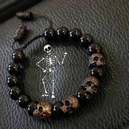 Bangle Dark Vintage Style Horror Skull Black Beads Charm Mens Bracelet for Women Statement Steampunk Gothic Accessories Fashion JewelryL231220