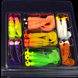 34pcs 1 Set 17pcs Metal Jig Head Fishing Hooks Soft Worm Lure Grub Silicone Fish Artificial Bait Tackle 231221