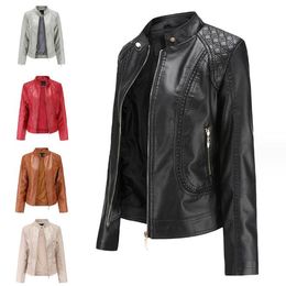Faux Leather Jacket Women Moto Biker Zipper Jacket 2024 Autumn Coats Black Brown Khaki Red Grey Femme