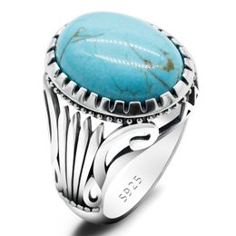 Natural Turquoise Stone Ring for Men 925 Sterling Silver Vintage Statement Oval Blue Mens Turkish Handmade Jewelry 231220