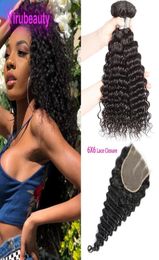 Peruvian Human Hair Wefts With Closure 6X6 With 3 Bundles Deep Wave Lace Closures Natural Color Curly4955135