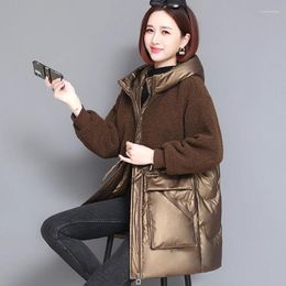 Women's Trench Coats Down Padded Jacket Fashion Loose Mid-Length Hooded Warm Parka 2023 Winter Lamb Wool Stitched Female Overcoat