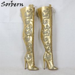 Sorbern Gold Genuine Leather Boots Mid Thigh High Women Stilettos Heel Glitter Flowers Ladies Heeled Custom Lace Up Back 231220