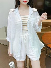 Women's Tracksuits Two Piece Sets Womens Outifits Three Quarter Sleeve Turn-down Collar Button Up Shirt Solid Drawstring Lace Casual Shorts