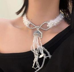 Necklace Earrings Set Silvery Imitation Pearl Beads Bow Feather Choker For Women Charm Luxury Aesthetic Accessories Korean Fashion Jewellery