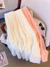 Skirts Oiinaa White For Women Elastic Waist Streetwear Pleated Skirt With Lined High Waisted A-Line Korean Fashion Long