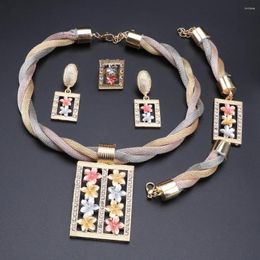 Necklace Earrings Set Fashion African Ring Bracelet Jewellery Charm Rectangle Pendant Dubai Gold Colour Wedding Sets