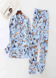 Women Men Pyjamas Dog Print Brushed Cotton Pijama 2 Pieces Set Long Sleeve Elastic Waist Pants Lounge Nightwear pyjamas S80001 2105406638
