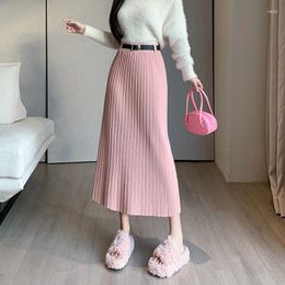 Skirts 2023 Autumn Winter Women High Waist Belt Slim Long Skirt Quality Korean Fashion Solid Colour Pleated Knitted