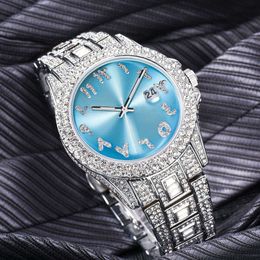 Full Super Flash Gold for Men Hiphop Fashion Water Diamond Trendy Pointer Calendar Quartz Watch