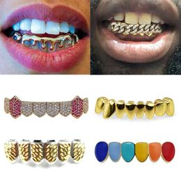 18K Gold Teeth Braces Punk Hip Hop Multicolor Diamond Custom Bottom Teeth Grillz Dental Mouth Fang Grills Tooth Cap Vampire Rapper225w