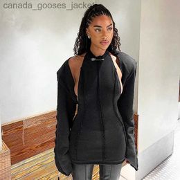 Two Piece Dress Solid Stitching Clips 2 Piece Set Women Sexy Lace Up Halter Backless Bodycon Mini Dress + Long Sle Cardigan Cape Street Suits L231221