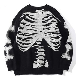 Men's Sweaters Men Oversized Sweater Black Loose Skeleton Bone Print Women Vintage Retro Knitted Sweater 2021 Autumn Cotton Pullover Unisex J231220