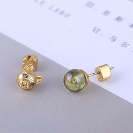 Fashion- cat head desigh and 06 cm asymmetric bead stud earring with nature green stone for women wedding Jewellery gift shippi258F