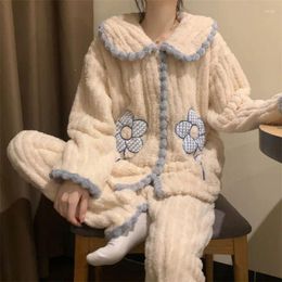 Women's Sleepwear Floral Women Pajamas Set Winter Piiama Pants Warm 2 Pieces Fluffy Cute Night Wears Pyjamas Ruffles Home Wear 2023