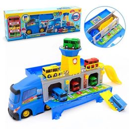 Cartoon Tayos The Little Bus Container Truck Storage Box Parking Lot With 3 Pull Back Mini Car Toys For Children Birthday Gifts 231221