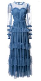 Casual Dresses Arrival Long Dress 2024 Spring Special Occasion Women Polka Dot Prints Sexy Tulle Mesh Cascading Ruffle Blue Maxi