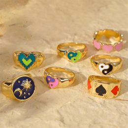 Cluster Rings Y2K Jewellery Gold-plated Moon Sun Heart Yin Yang Ring For Women Vintage Punk Fashion Poker Charms 90s Aesthetic2475