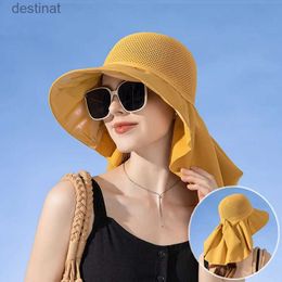Wide Brim Hats Bucket Hats Summer Women Bucket Hat with Shawl Lightweight Breathable Mesh Face Neck Protection Sun Hat Bow Pleat Design Travel Beach CapL231221