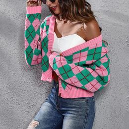 Women's Jackets Adults Contrast Colour Plaid Sweater Jacket Cardigan Tops Long Sleeve V Neck Argyle Knitted Crop Top Pullover Size S-XL