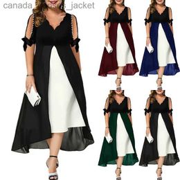 Two Piece Dress Women's 2023 Spring/Summer New Plus Size Sexy V-Neck Splice Fake Two Piece Dress Fashion Irregular Medium Sle Dress L231221