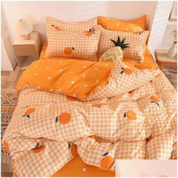 Bedding Sets Bedding Sets Orange Set Printed Bed Linen Sheet Plaid Duvet Er 240X220 Single Double Queen King Quilt Ers Bedclothes Soft Dhnyw