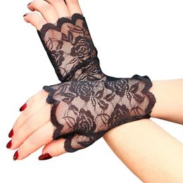 Fashion Women Lace Floral Long Fingerless Gloves Half Finger Fishnet Gloves Mitten Hollow Solid Summer Sunscreen Black 2020 New257D